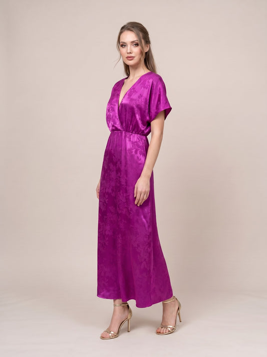 Fuksjowa Satynowa Sukienka Maxi
